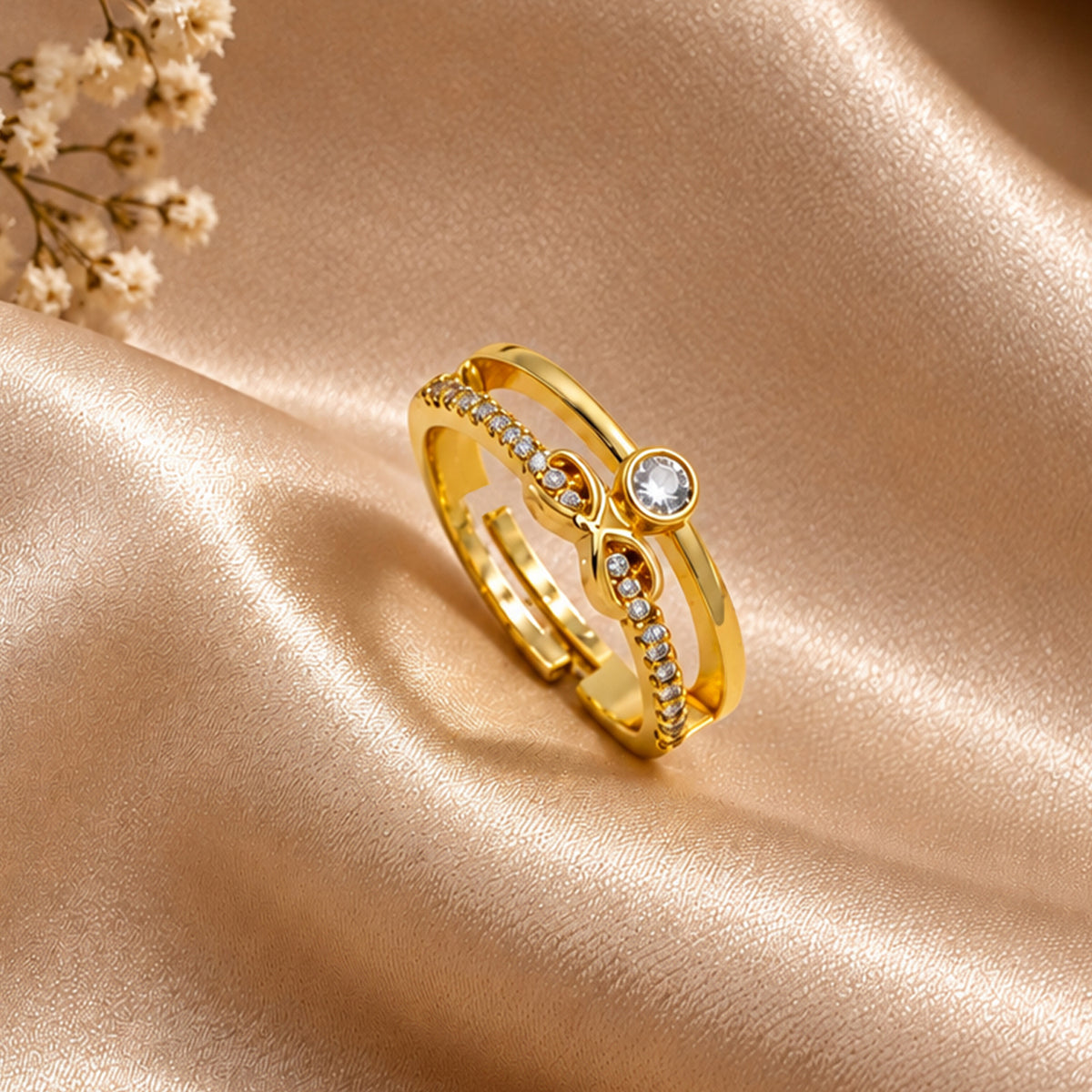 Artklim Elegant Double Band Crystal Gold-Tone Statement Anti-Tarnish Ring