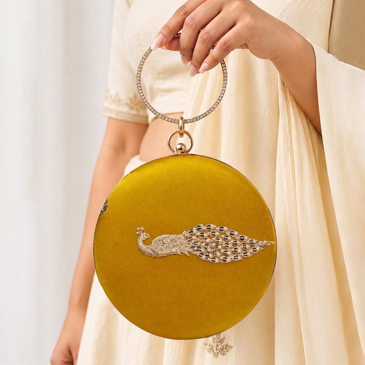 Artklim Luxury Mustard Yellow Embroidery Round Clutch Bag with Intricate Peacock Design