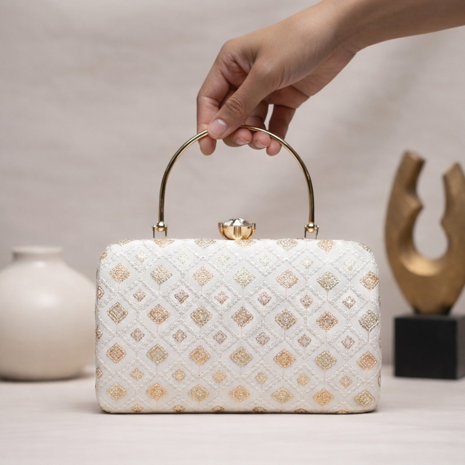 White Box Pattern Embroidery Clutch