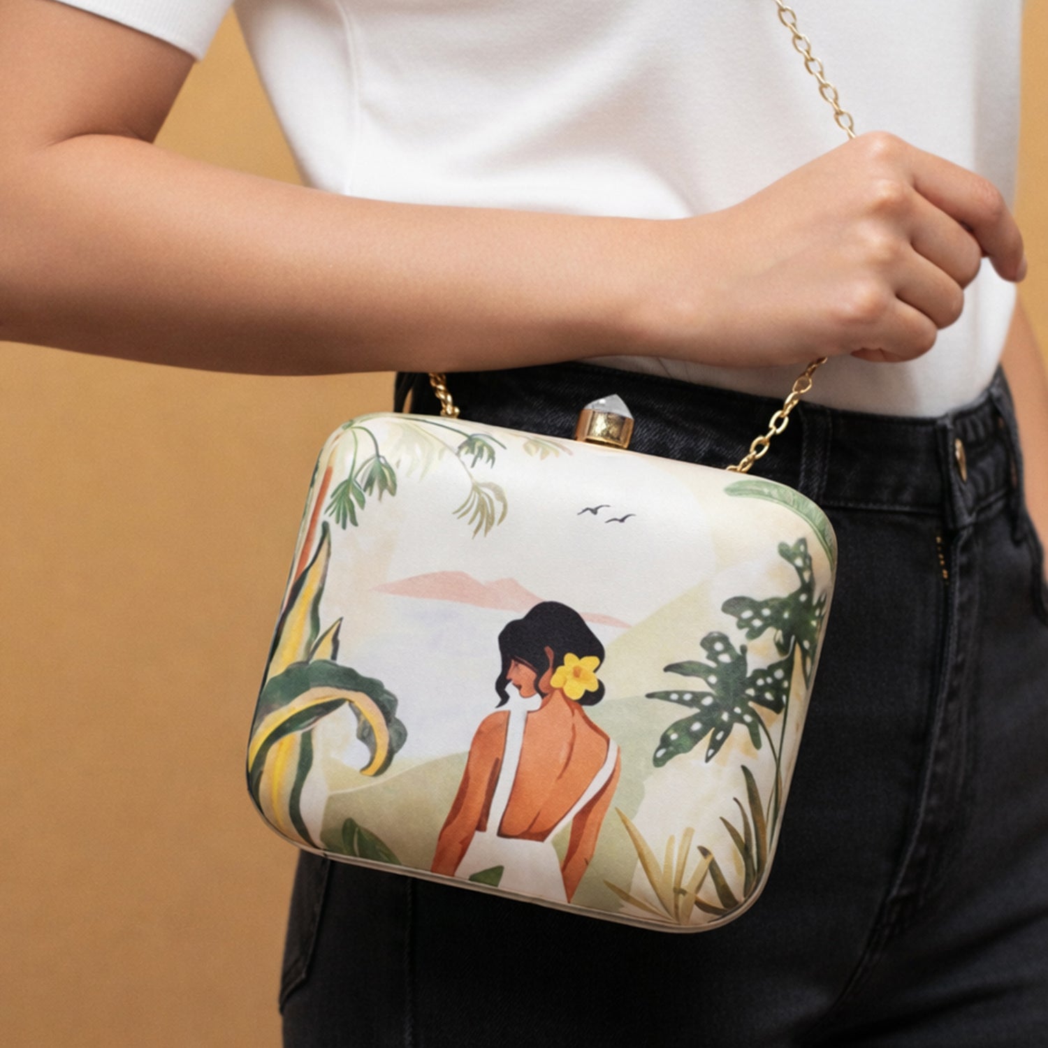 Artklim Yellow Flower Lady Printed Clutch