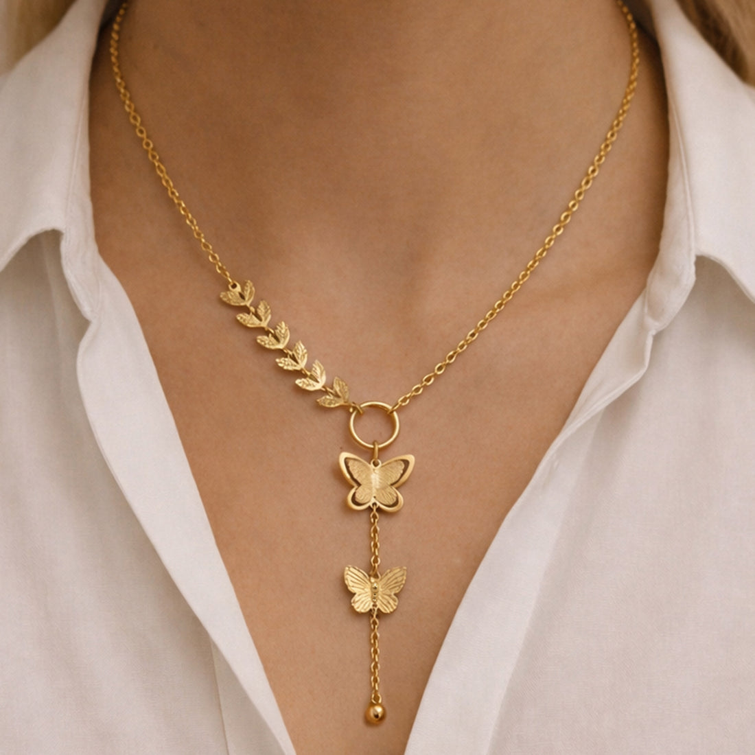 Artklim Gold-Plated Leaf & Butterfly Lariat Anti-Tarnish Pendant Necklace