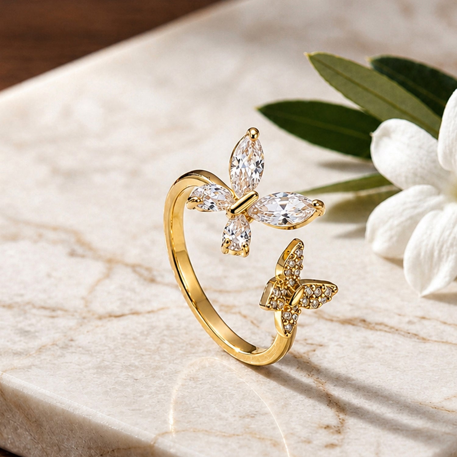 Artklim Gold-Plated Dual Butterfly Open Anti-Tarnish Ring