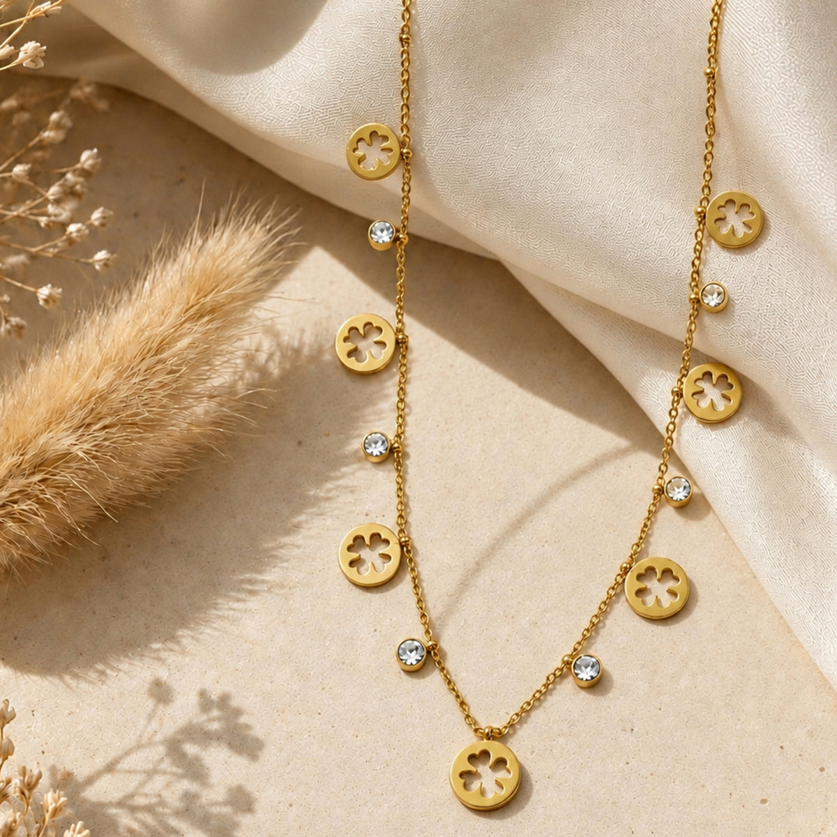 Artklim Gold Floral Charm Crystal Anti-Tarnish Pendant Necklace