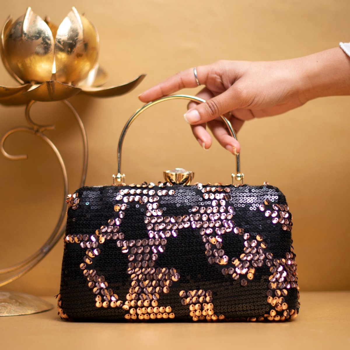 Rose Gold And Black Sequins Party Clutch