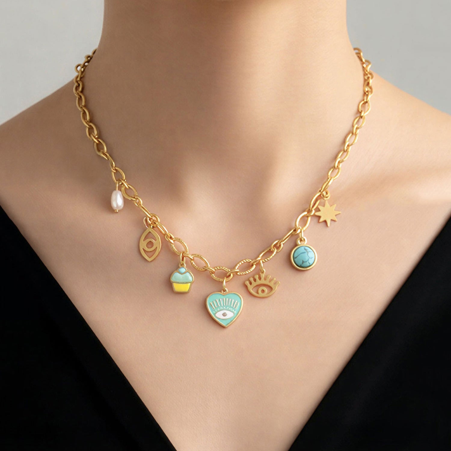 Artklim Gold-Plated Turquoise & Pearl Charm Anti-Tarnish Pendant Necklace