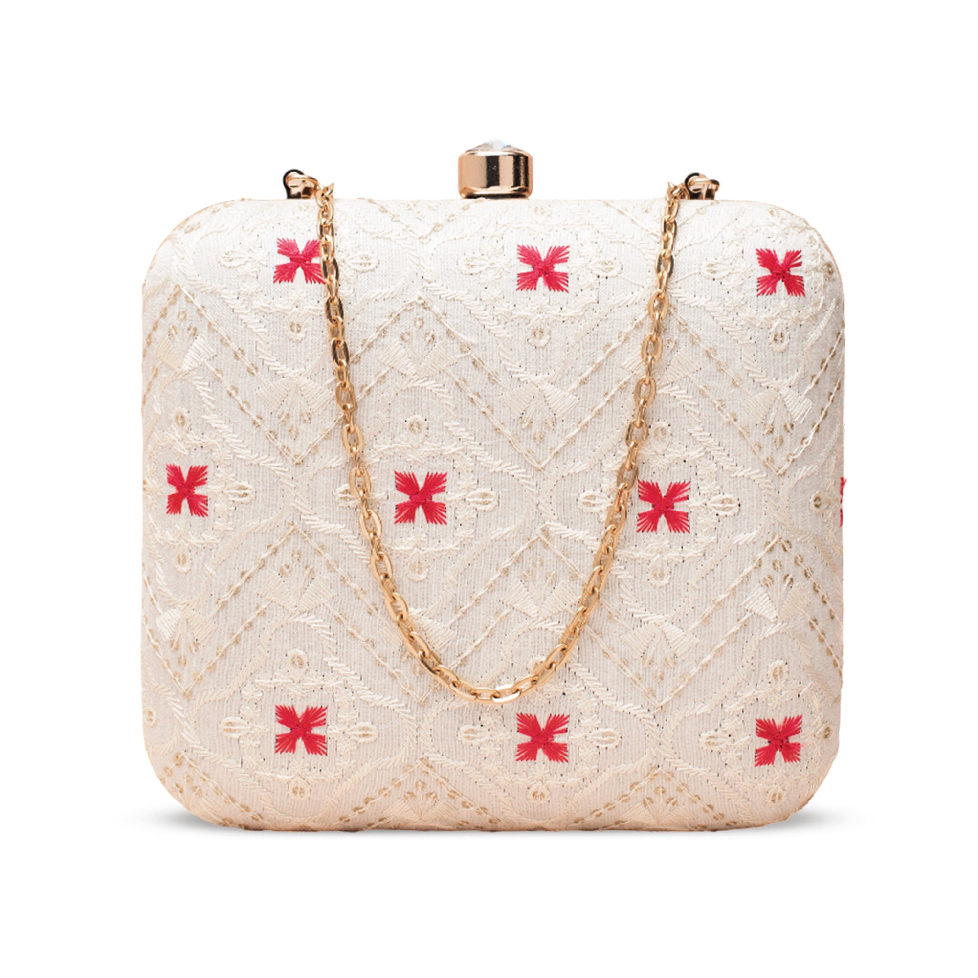 Artklim White with Pink Sequin Embroidery Clutch