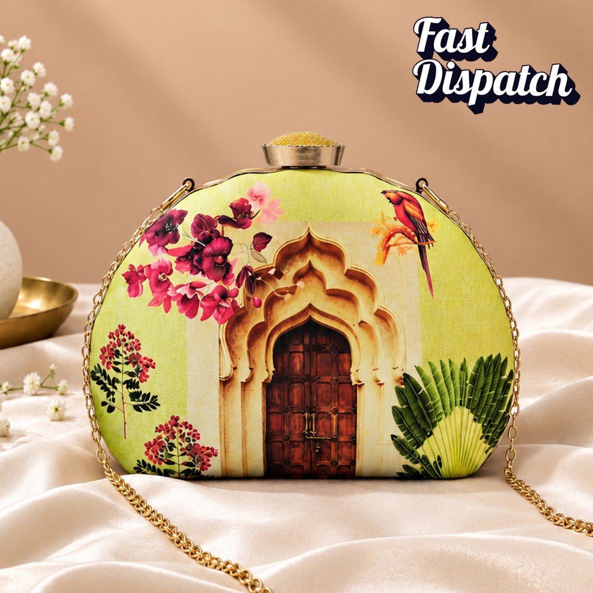 Artklim Elegant Indian Palace Floral Bird Sling Chain Printed Clutch