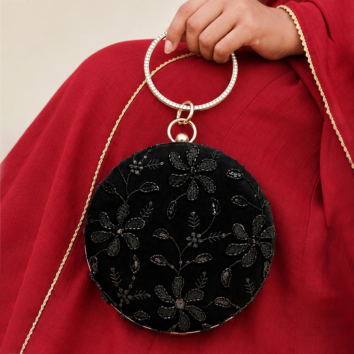 Artklim Premium Black Floral Embroidered Round Clutch Bag with Golden Crystal Ring Handle