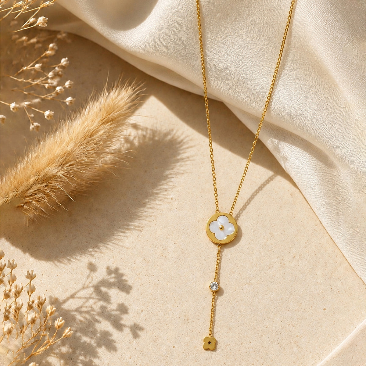 Artklim White Flower Gold Drop Anti-Tarnish Pendant Necklace