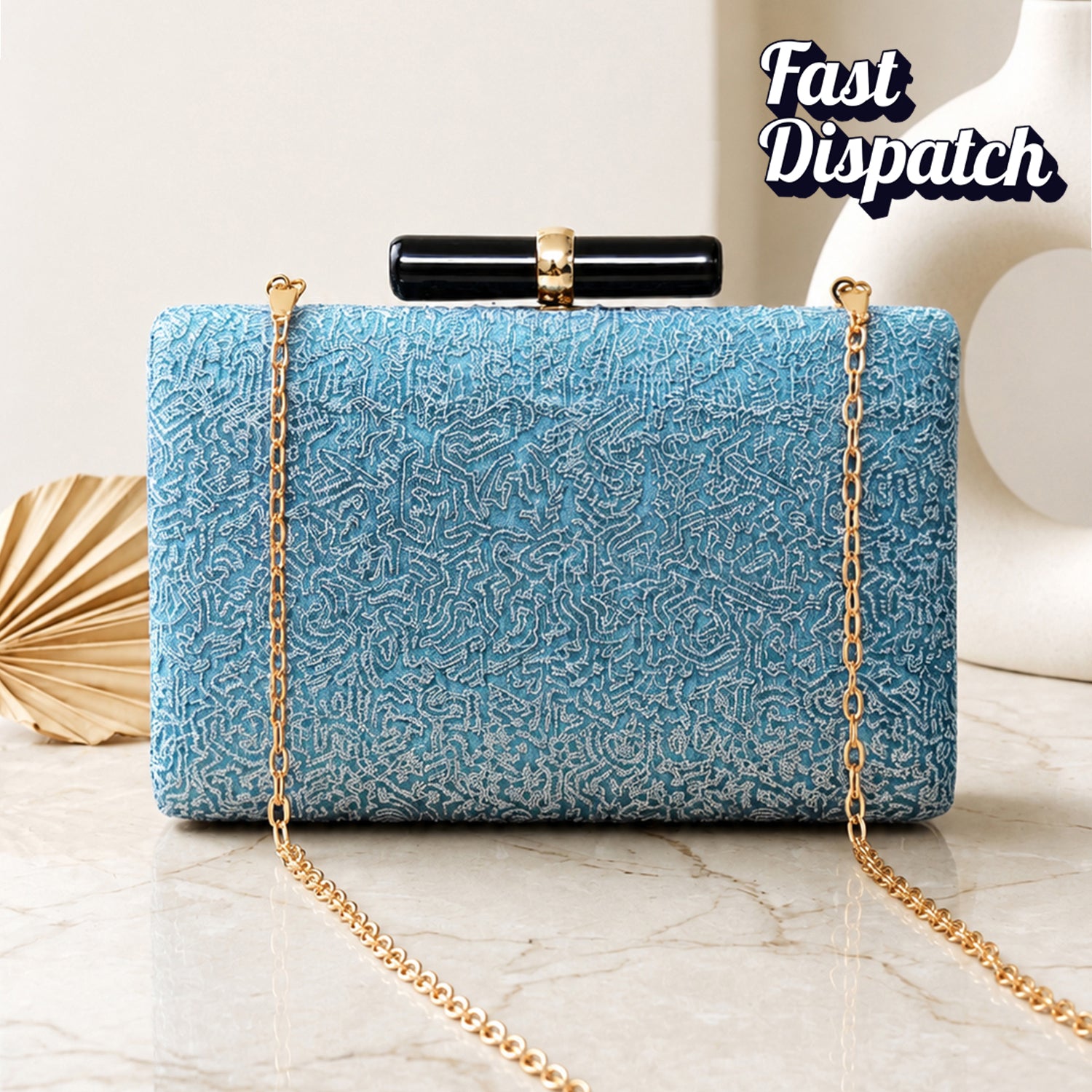 Artklim Blue Textured Embroidery Clutch
