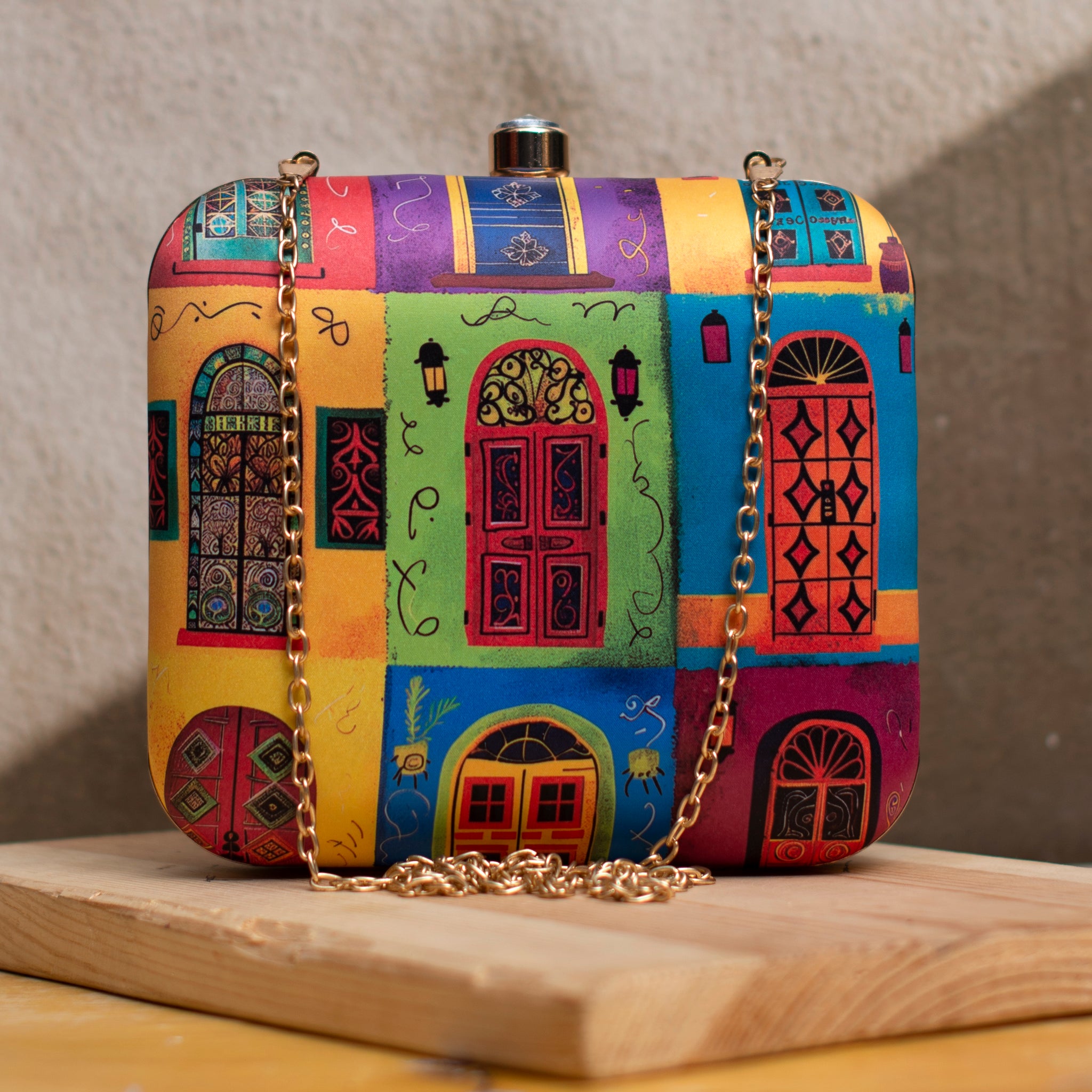 Multicolour Doors Printed Clutch