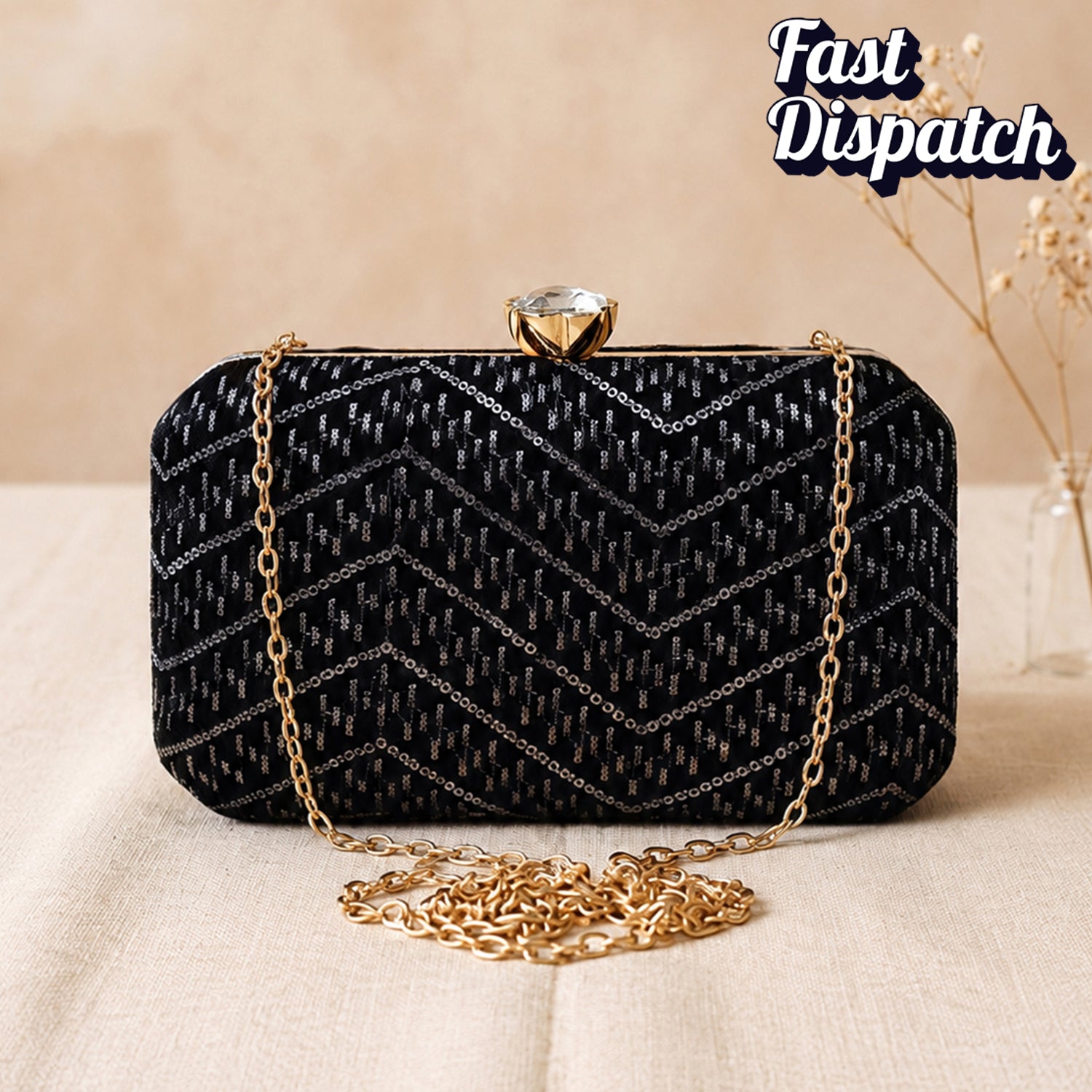 Artklim Luxury Black Geometric Embroidered Clutch