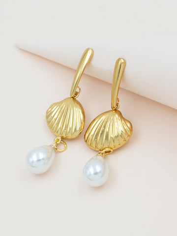 Artklim Gold Shell Drop Earrings with Pearl Charm