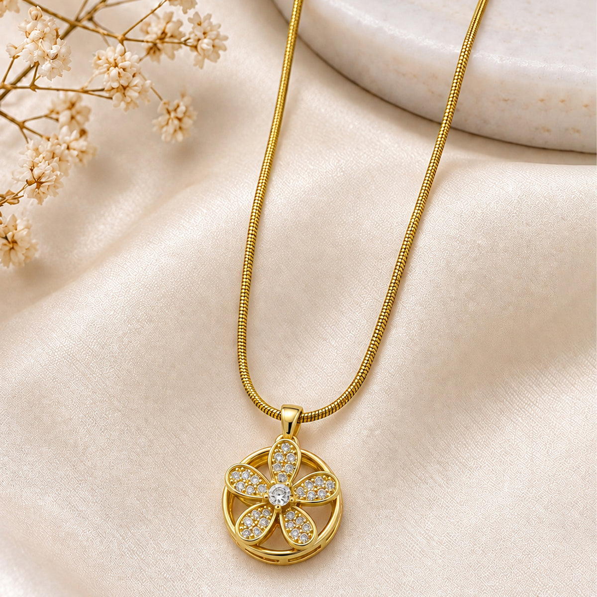 Artklim Elegant Floral Crystal Cut Anti-Tarnish Pendant Necklace