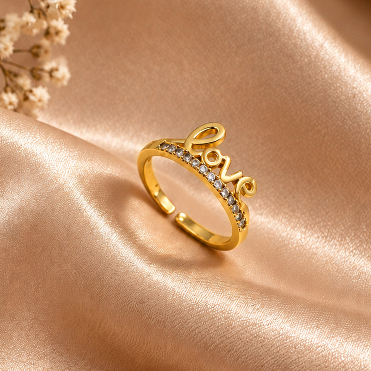 Artklim Elegant Love Letter Crystal Gold-Tone Statement Anti-Tarnish Ring