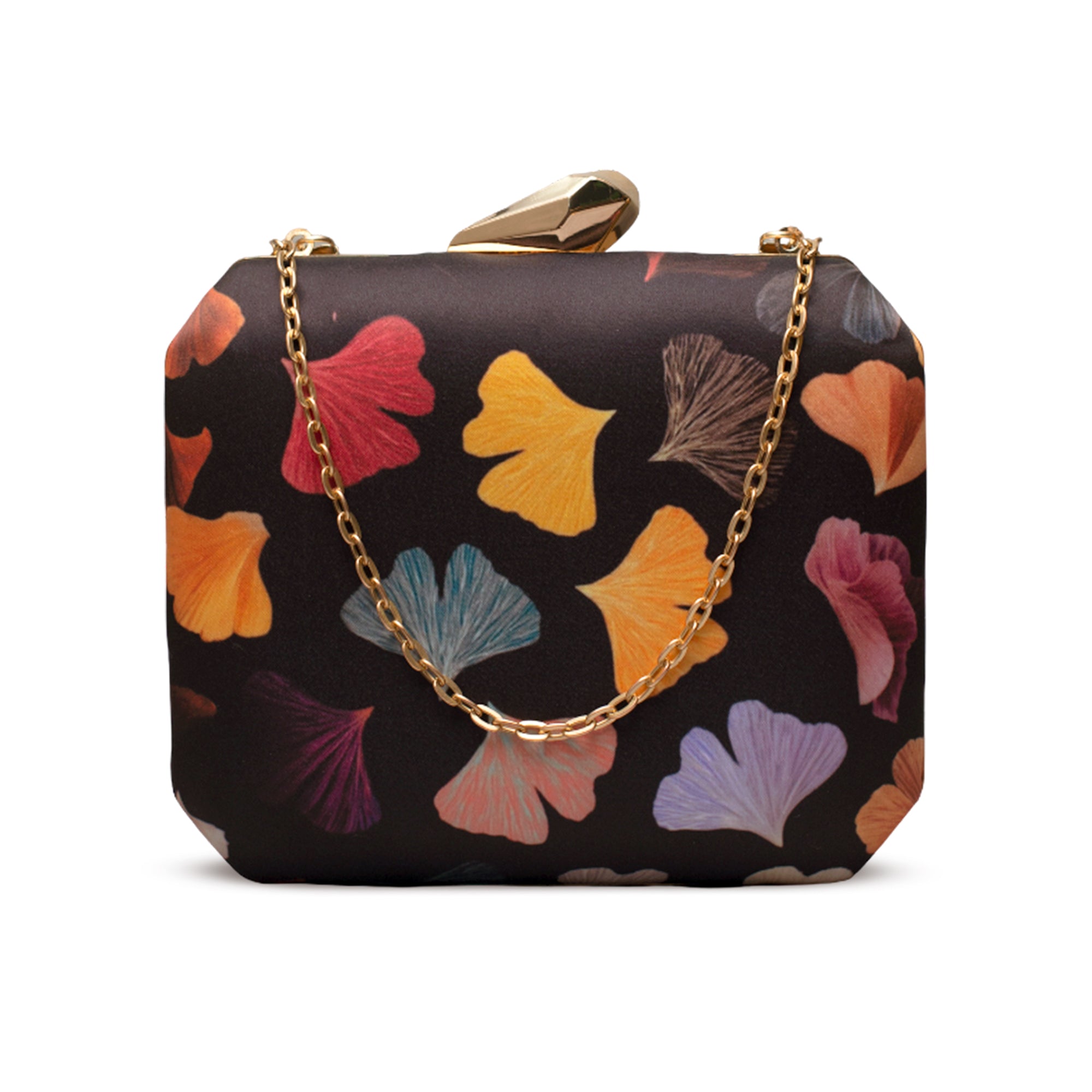 Artklim Colourful Leaf Pattern on Black Printed Clutch