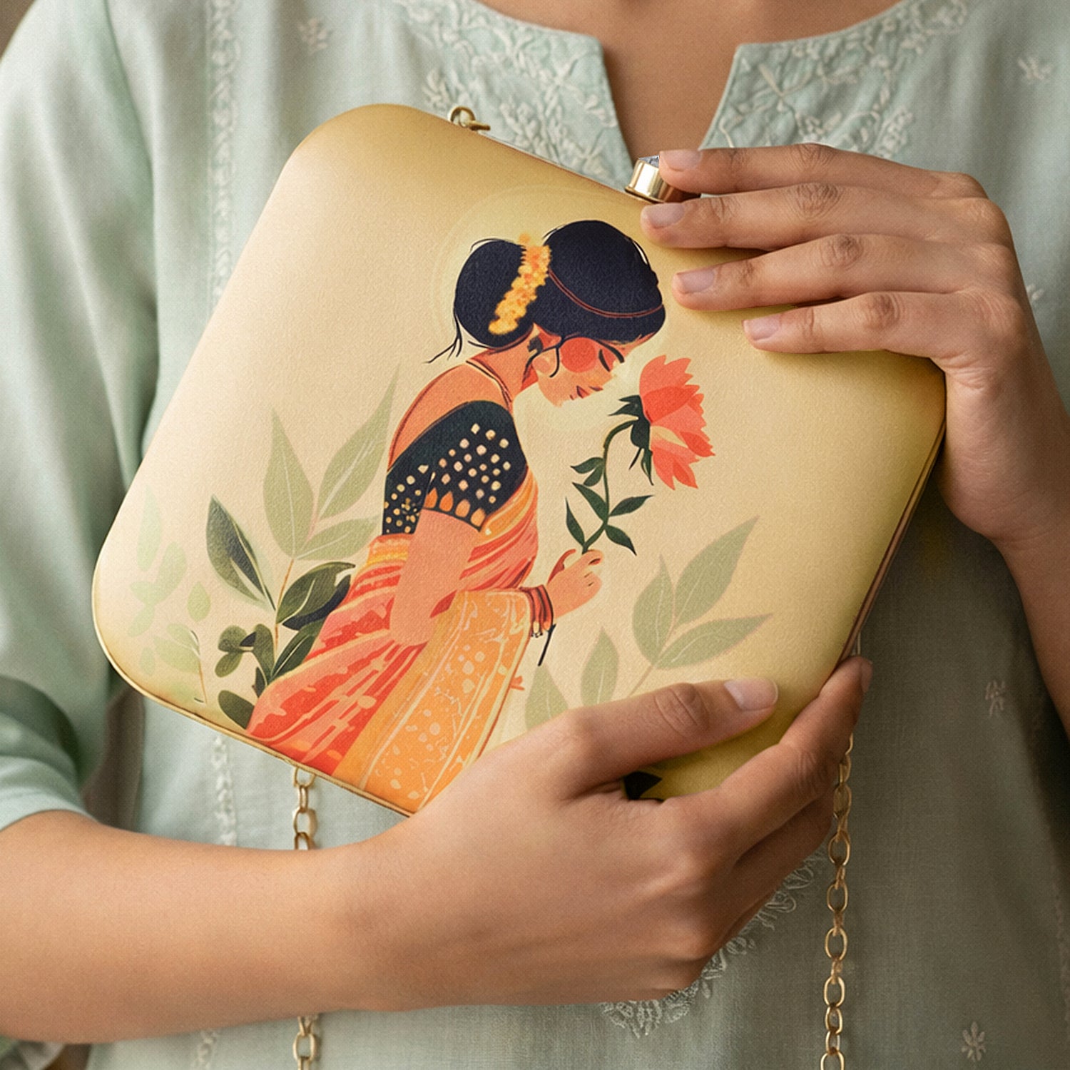 Artklim Beige Based Indian Woman In Saree Printed Clutch