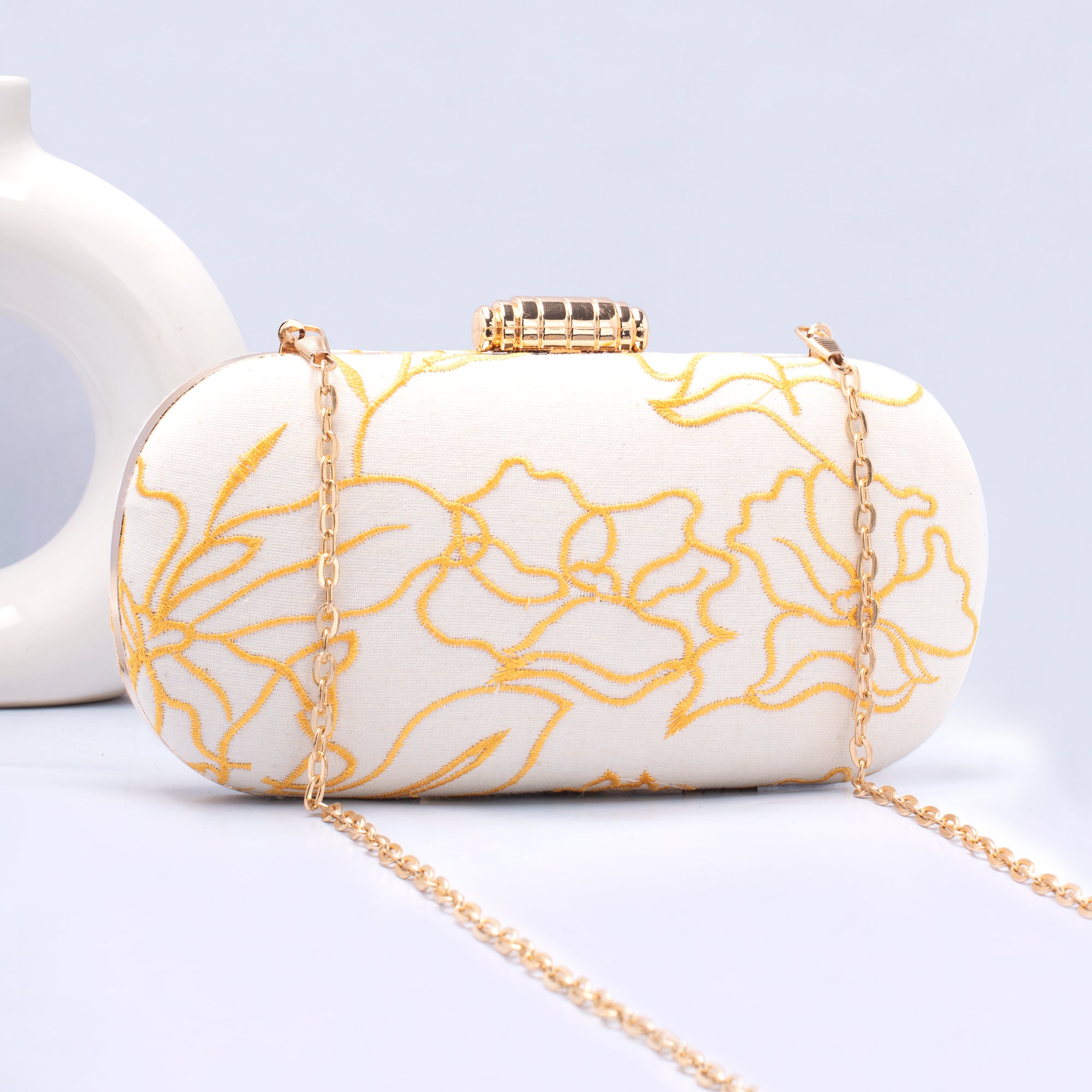 Artklim Off White Base Yellow Threadwork Embroidery Capsule Clutch