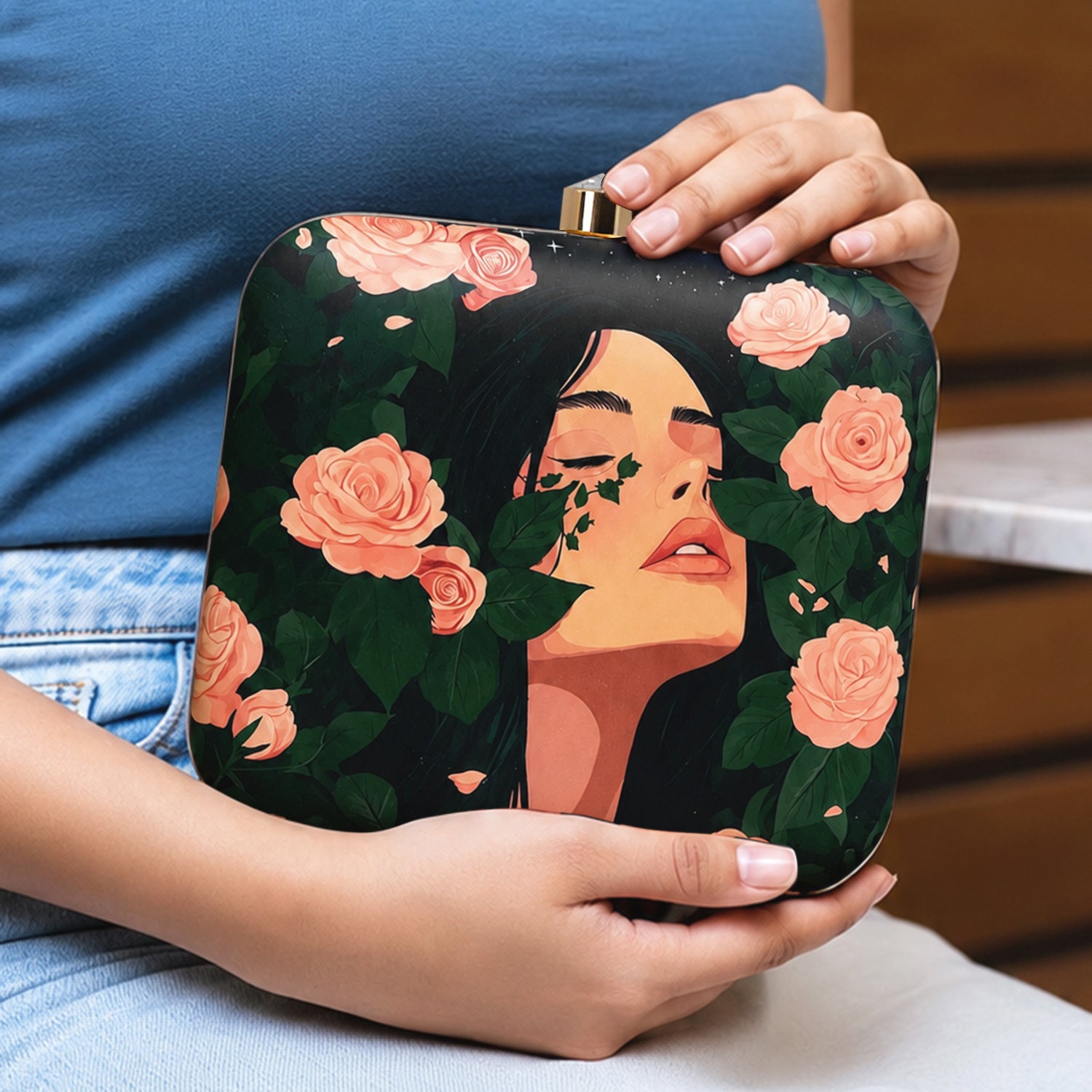 Artklim Rose And Girl Portrait Printed Clutch