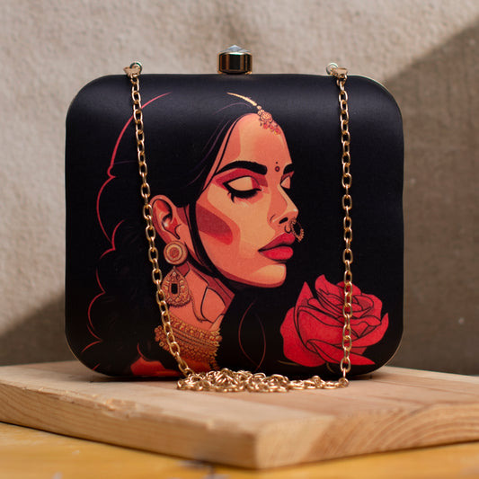 Black Lady With Rose Printed Clutch
