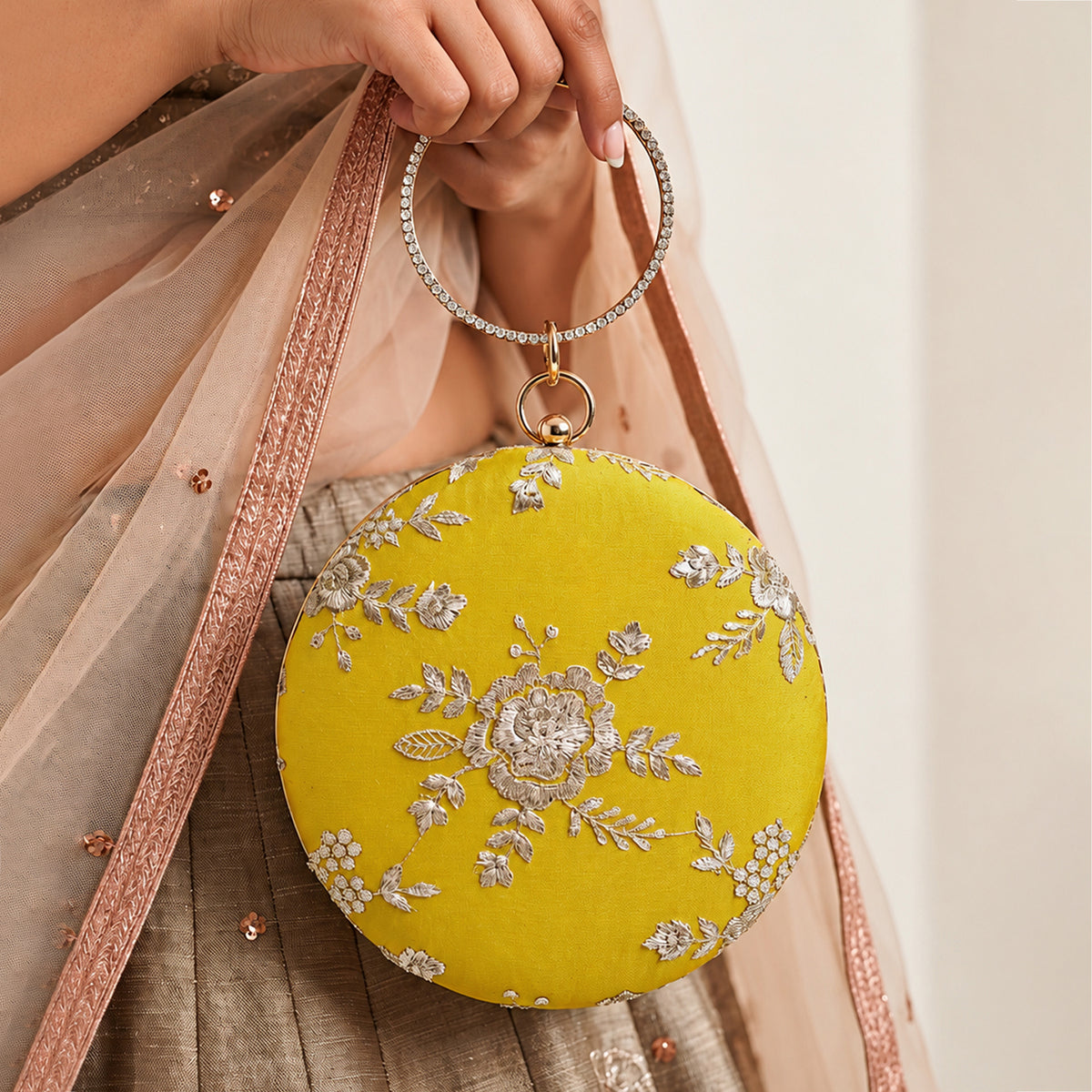 Artklim Elegant Mustard Yellow Floral Embroidered Round Clutch Bag with Golden Crystal Ring Handle