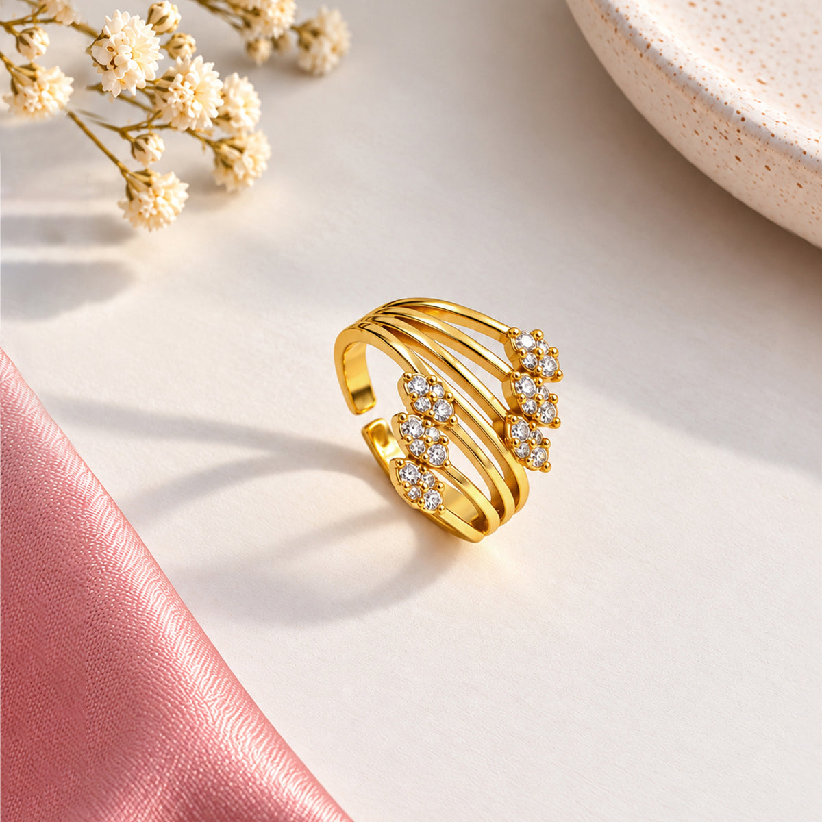Artklim Glamorous Floral Crystal Statement Gold-Tone Anti-Tarnish Ring