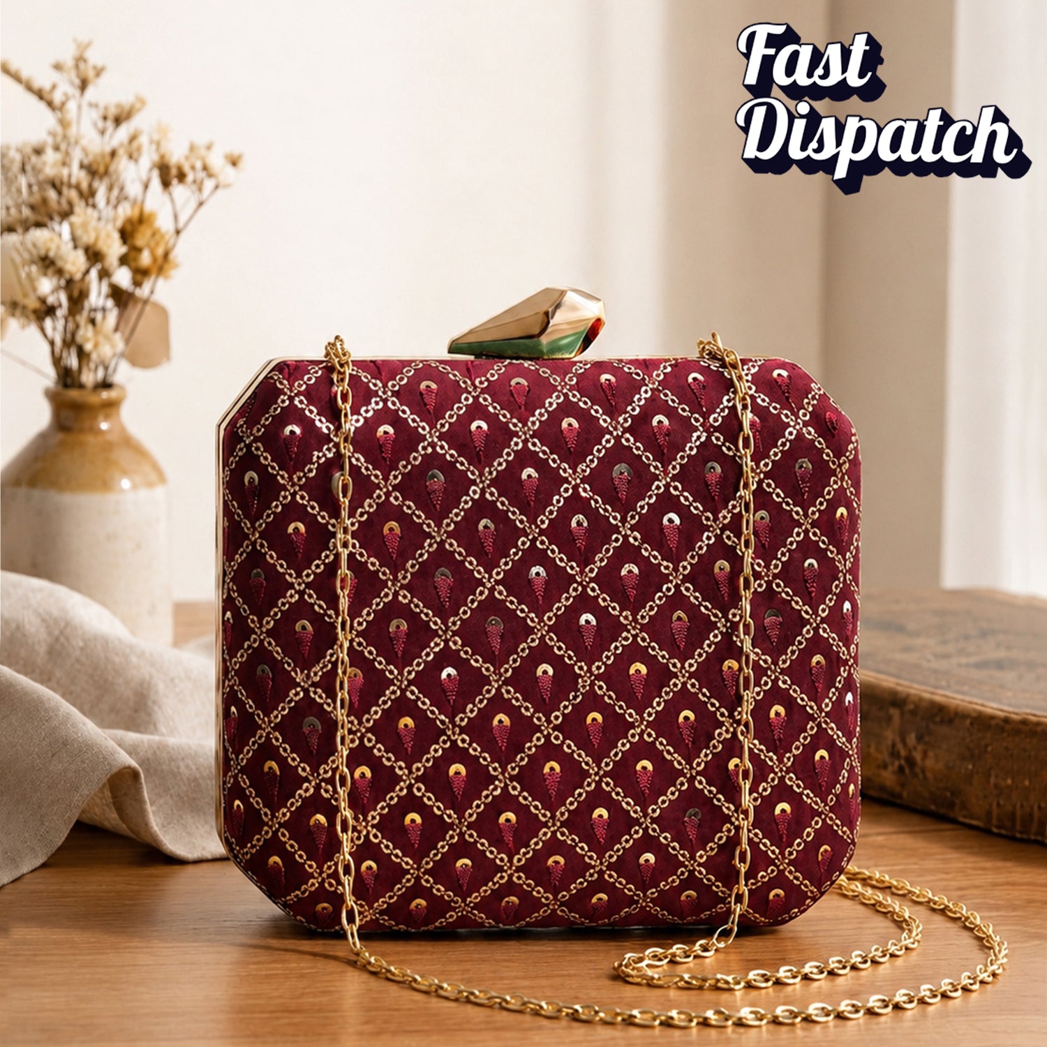 Artklim Maroon Embroidery Clutch