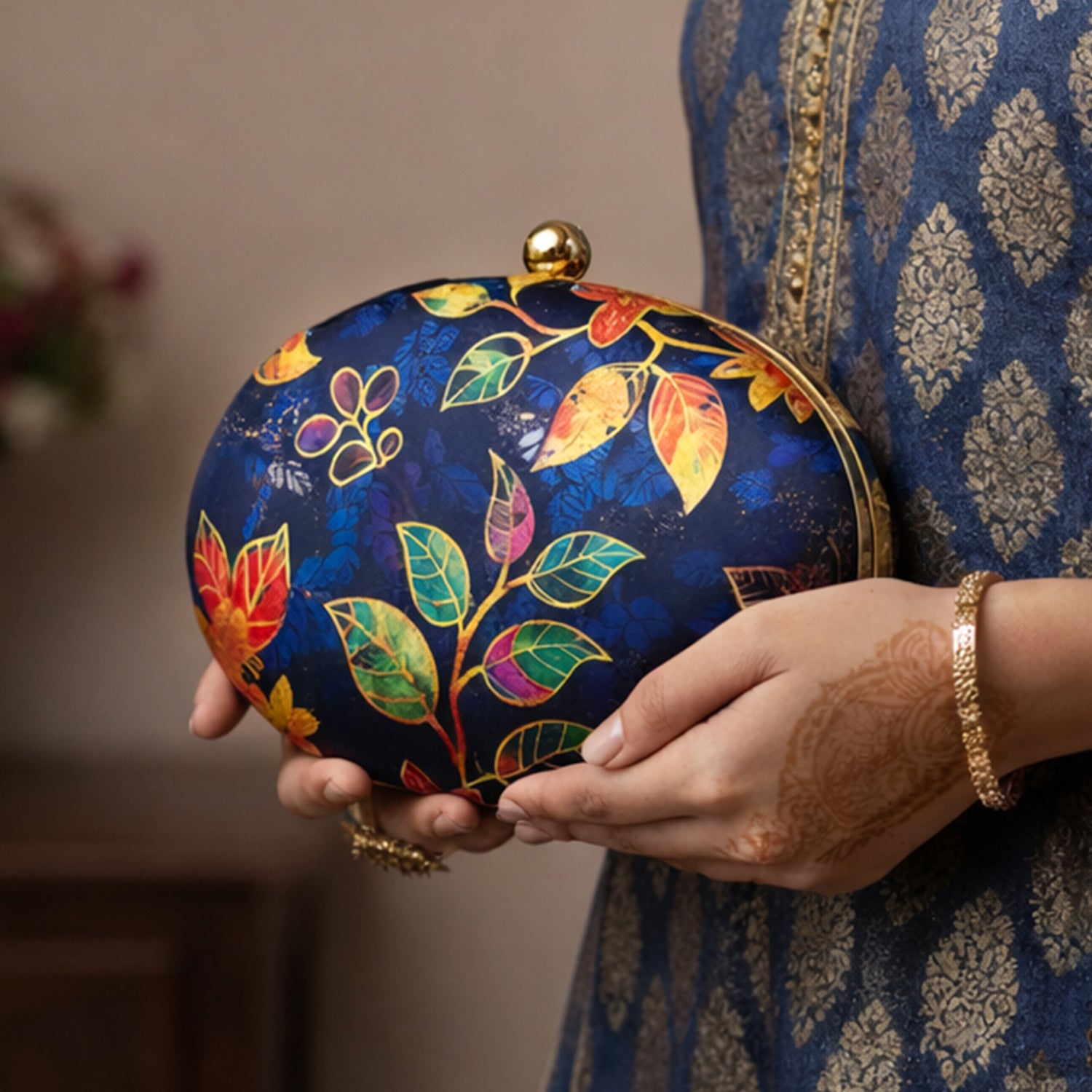 Blue Batik Leaves Print Oval Clutch