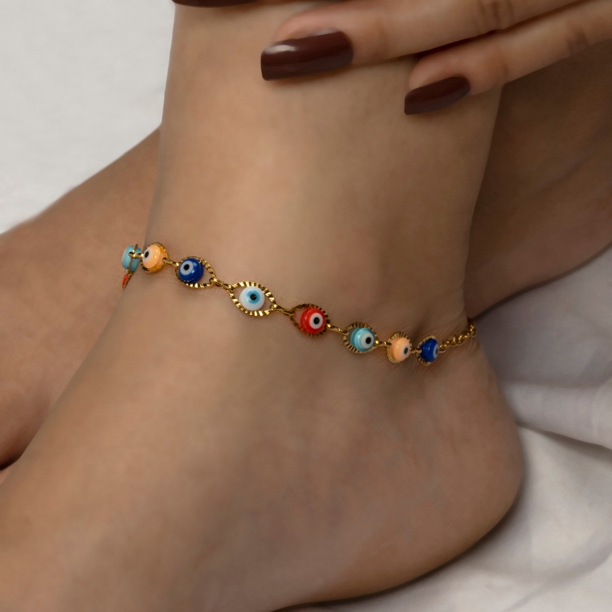 Artklim Gold Plated Multicolored Evil Eye Anklet