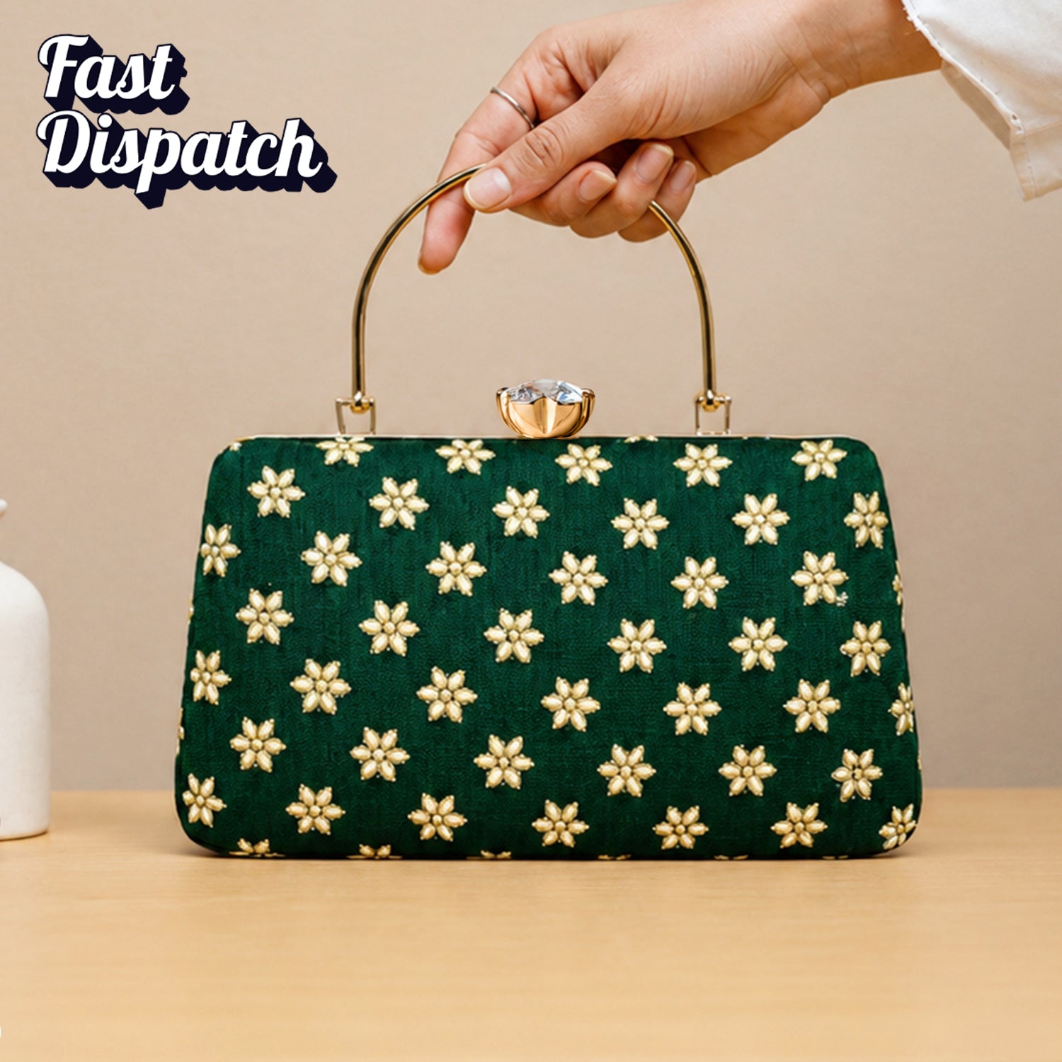 Artklim Emerald Green Floral Embroidered Clutch Bag
