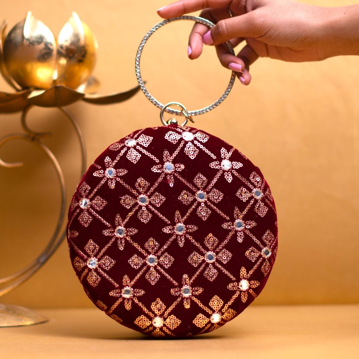 Maroon Floral Sequins Round Clutch