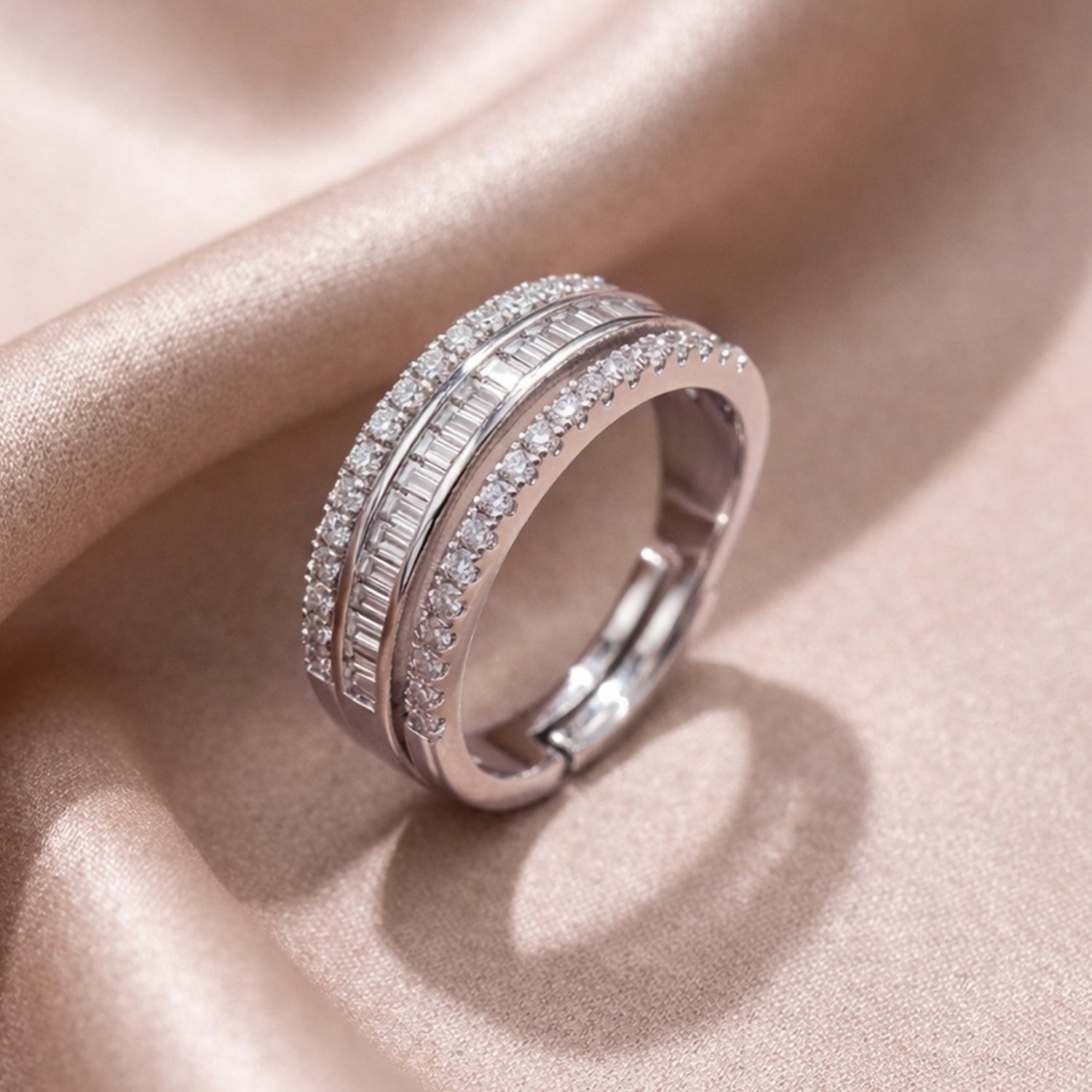 Artklim Sliver- Tone Classic Double Row Baguette Diamond Band Anti-Tarnish Ring