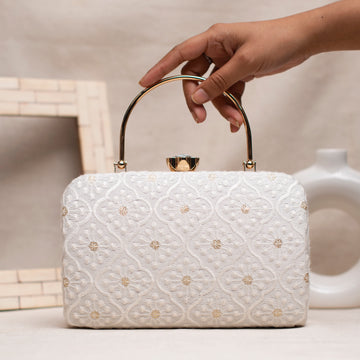 White Box Pattern Chikankari Embroidery Clutch