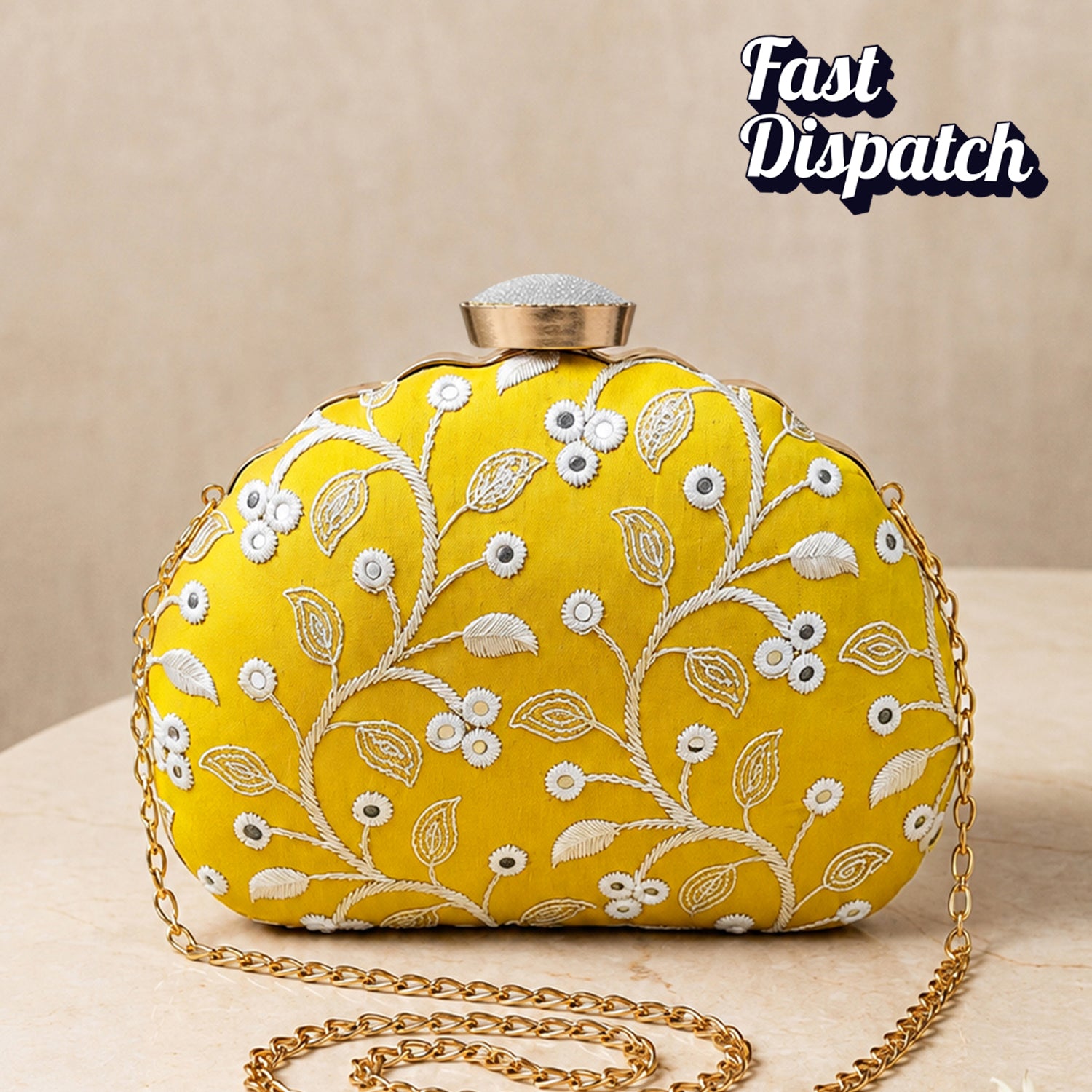 Artklim Yellow Base White Thread Embrodiery Clutch