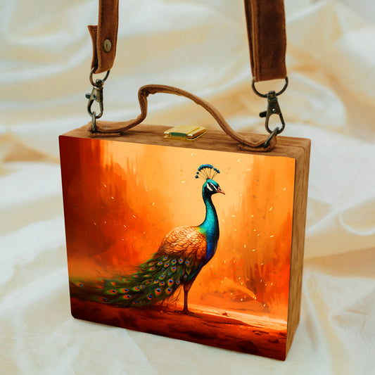 Orange Base Peacock Printed Suitcase Style Clutch