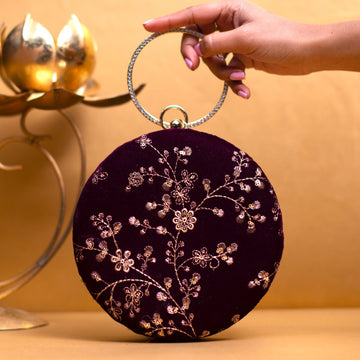 Wine And Golden Floral Sequins Embroidery Clutch