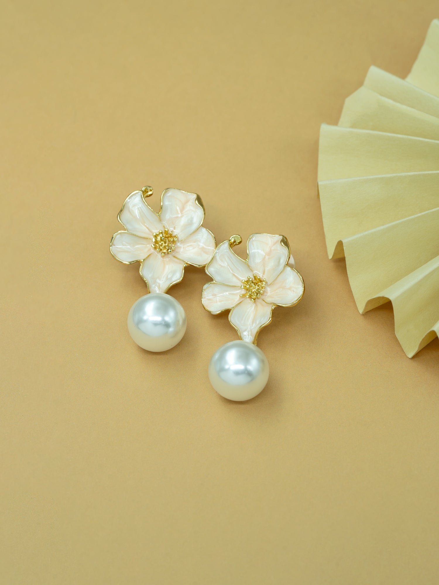 Artklim White Floral Pearl Drop Anti Tarnish Earrings