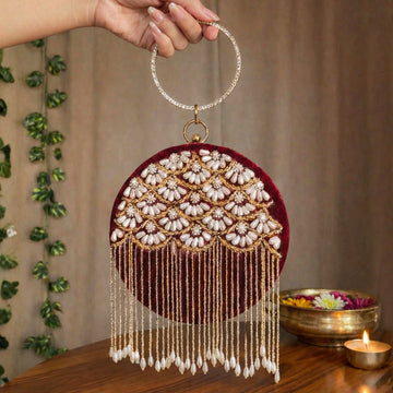 Artklim Elegant Floral Pearl Handcrafted Embroidered Round Clutch