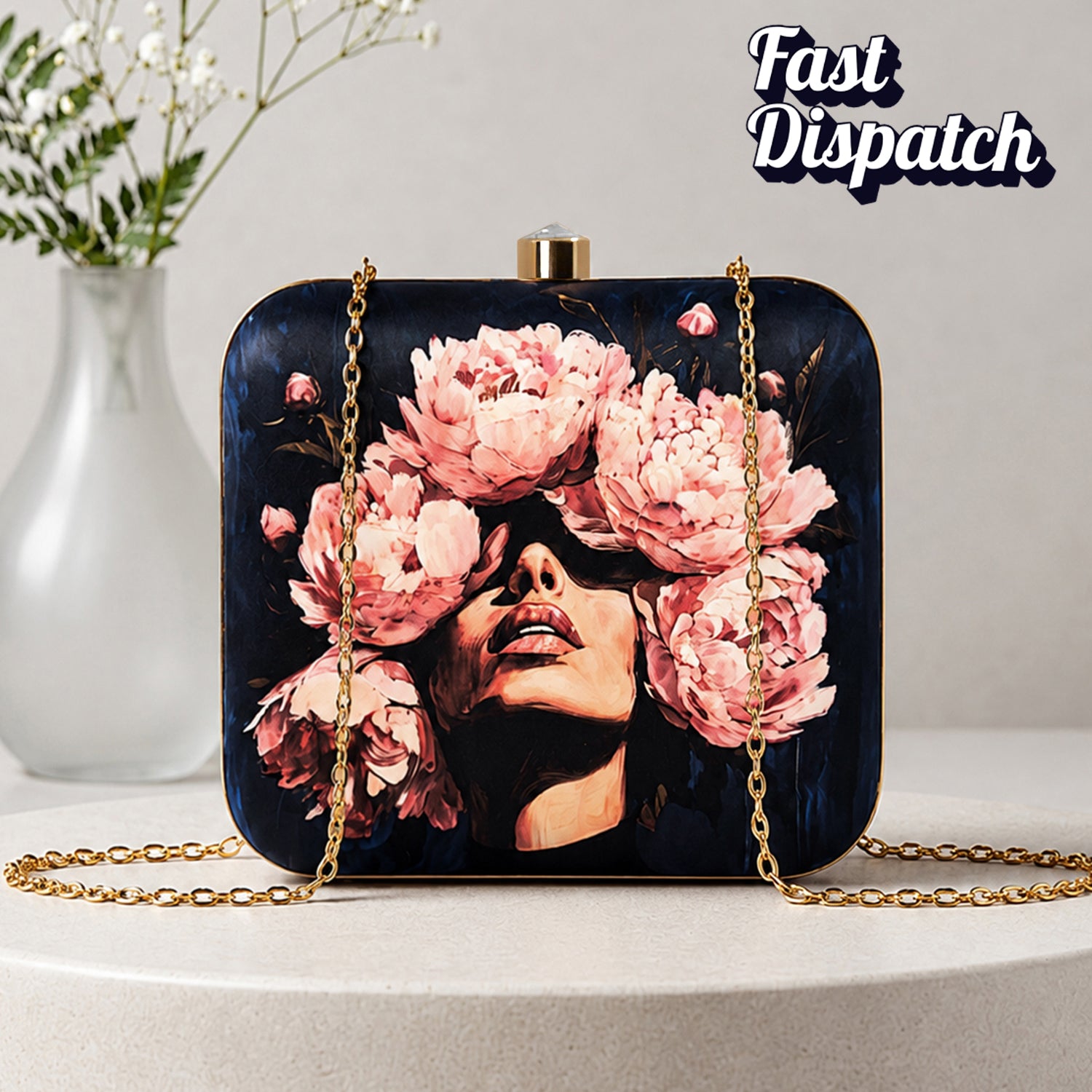 Artklim Black Based Floral Girl Portrait Printed Clutch