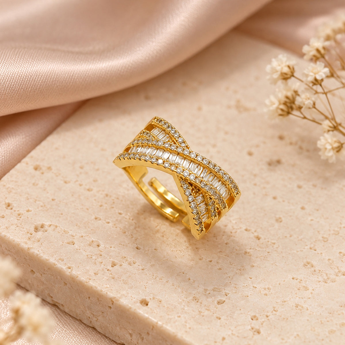 Artklim Elegant Layered Baguette Crystal Gold-Tone Statement Anti-Tarnish Ring