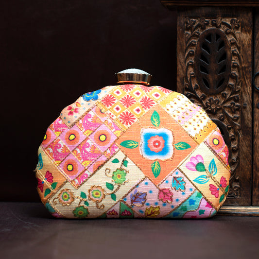 Multicolour Embroidery Moon Shaped Clutch