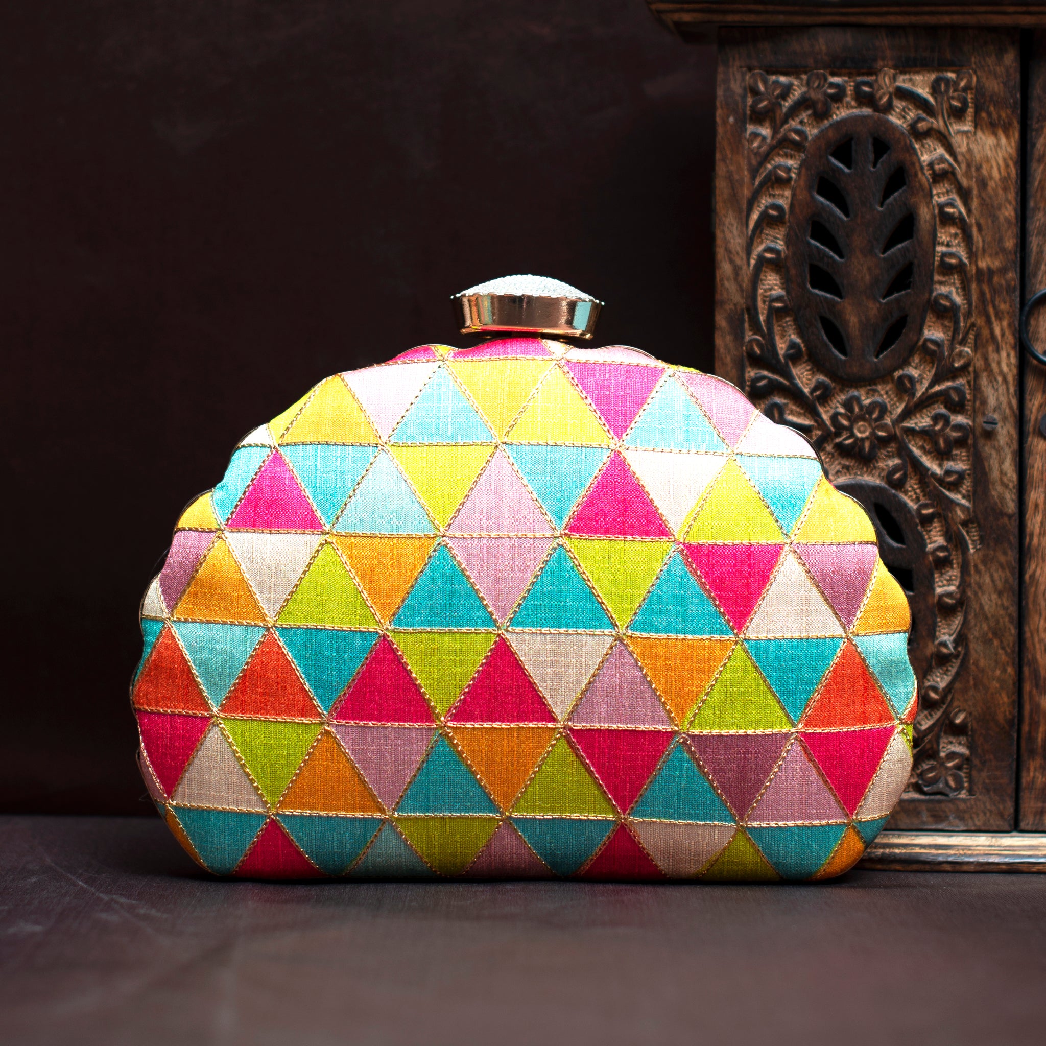 Multicolour Geometric Pattern Moon Shaped Clutch