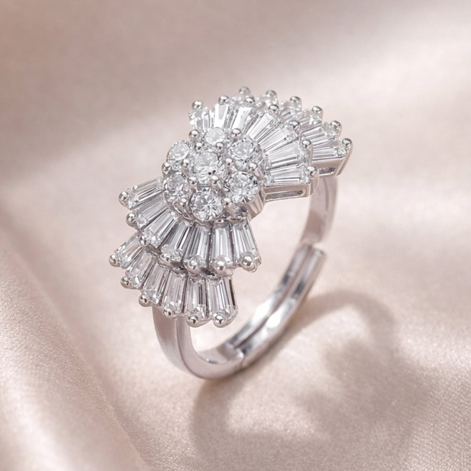 Artklim Sliver- Tone Luxury Sparkling Cluster Bloom Diamond Anti-Tarnish Ring