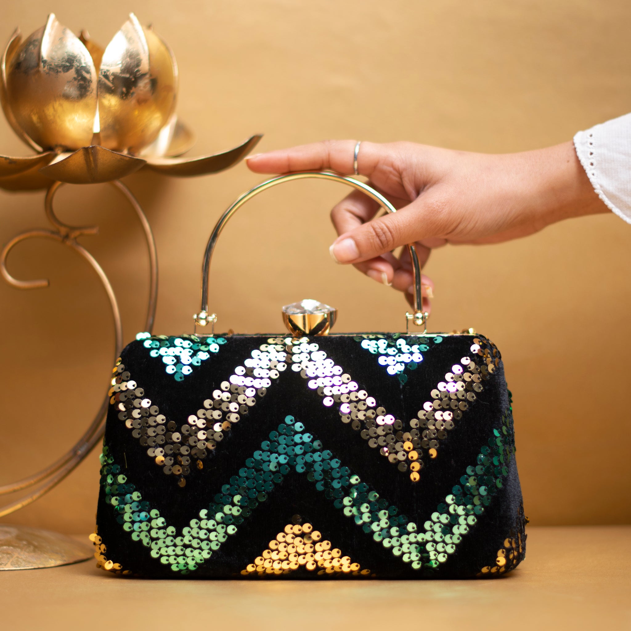 Golden And Green Sequins Zigzag Clutch