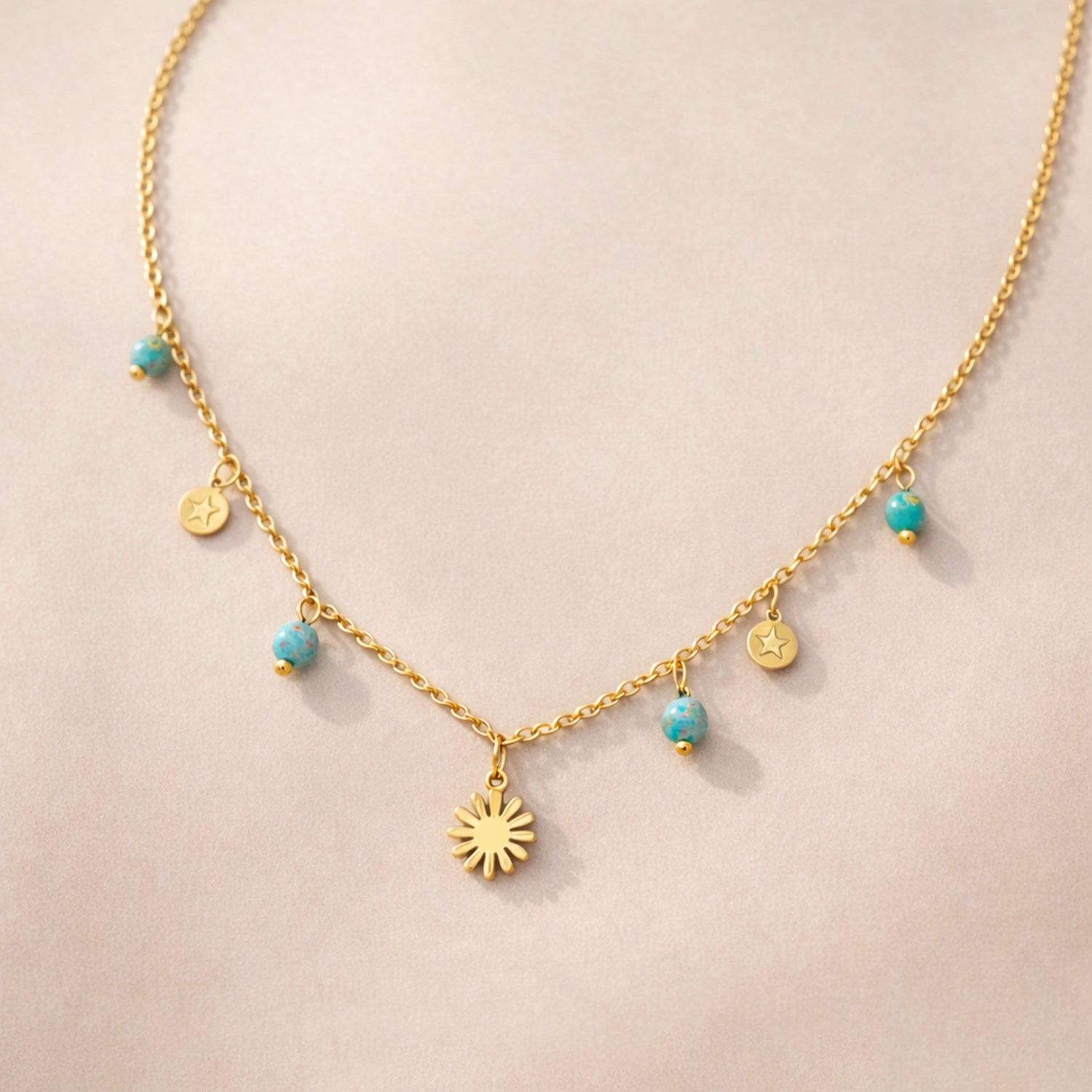 Artklim Gold-Plated Turquoise Bead & Sun Charm Anti-Tarnish Necklace