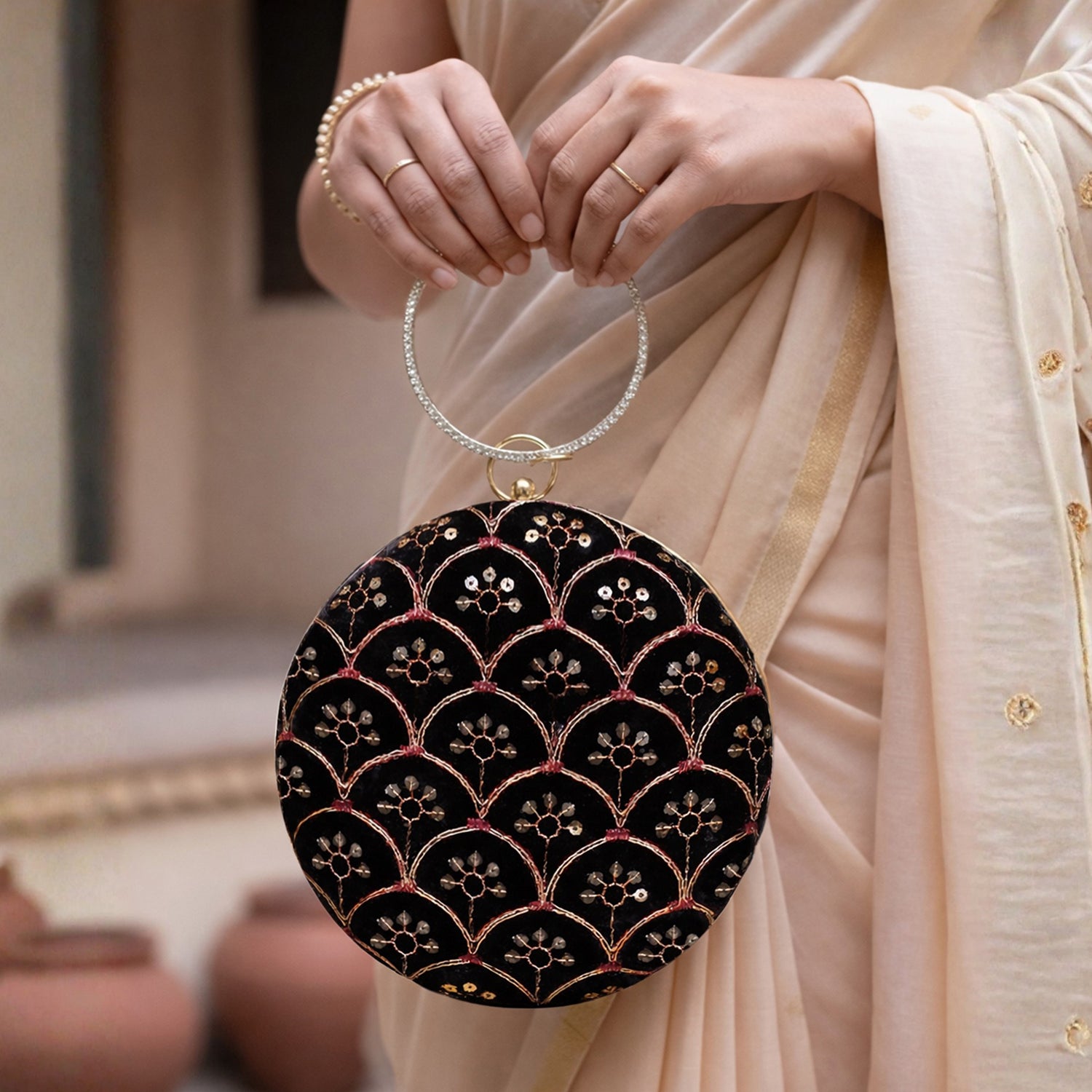 Artklim Black Based Golden Zari Embroidery Clutch