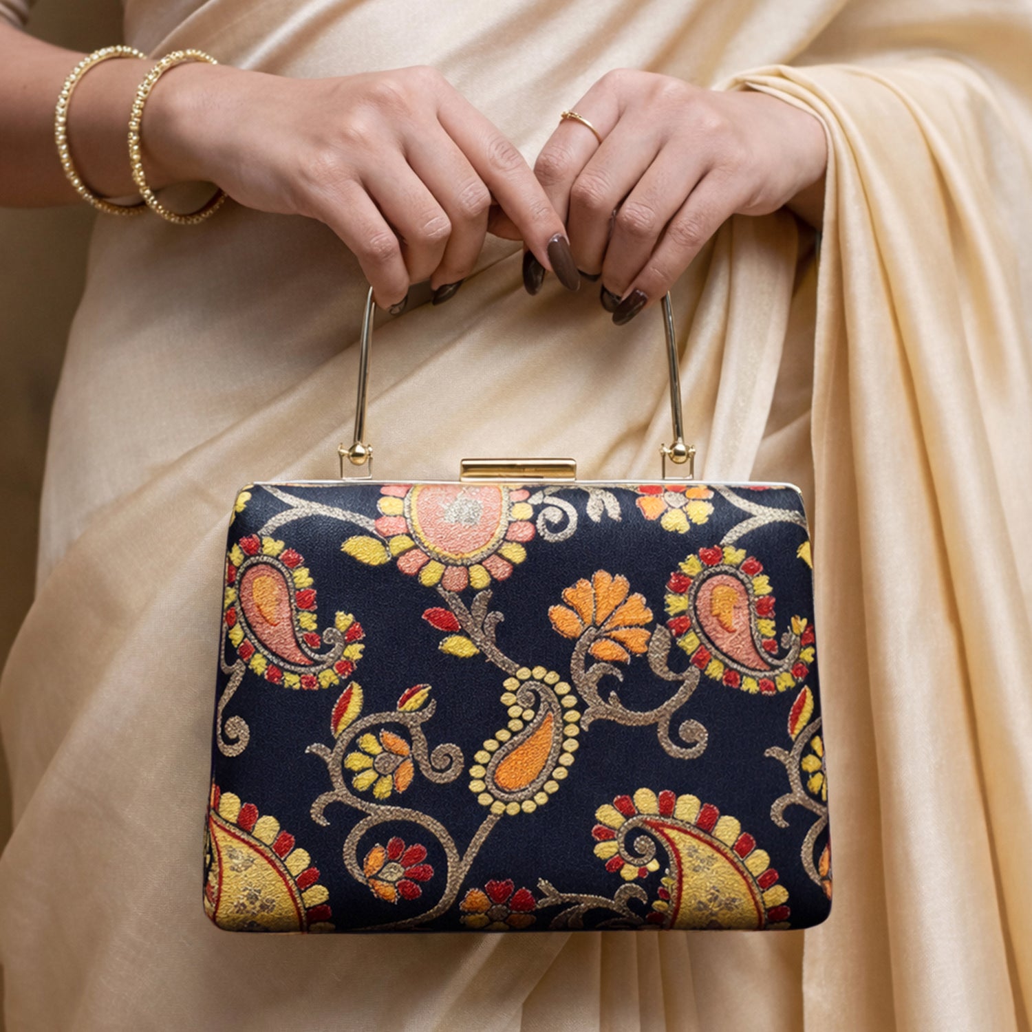 Artklim Black Based Multicolored Pattern Printed Brocade Fabric Clutch