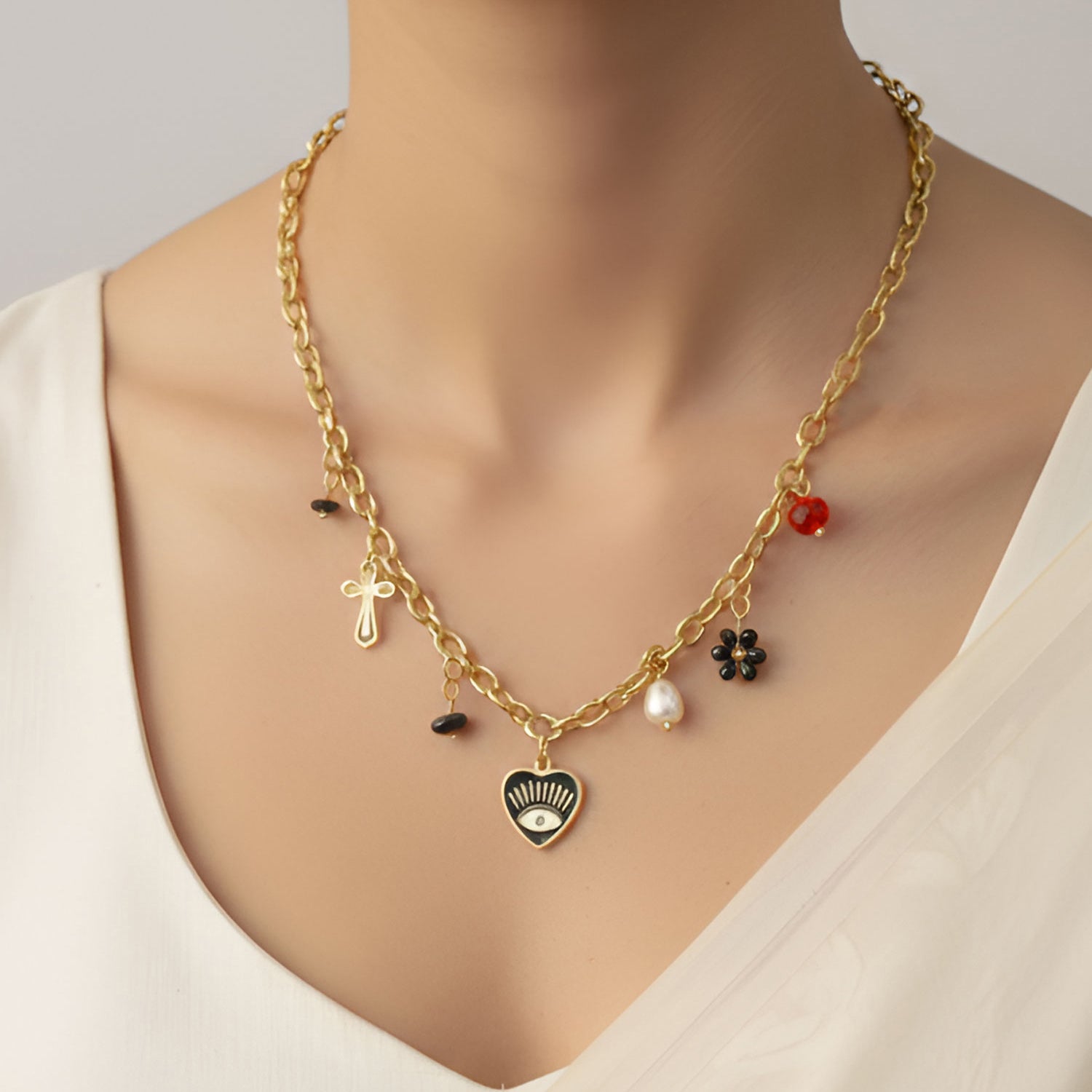 Artklim Gold-Plated Trendy Chunky Chain with Heart & Cross Charms Anti-Tarnish Pendant Necklace