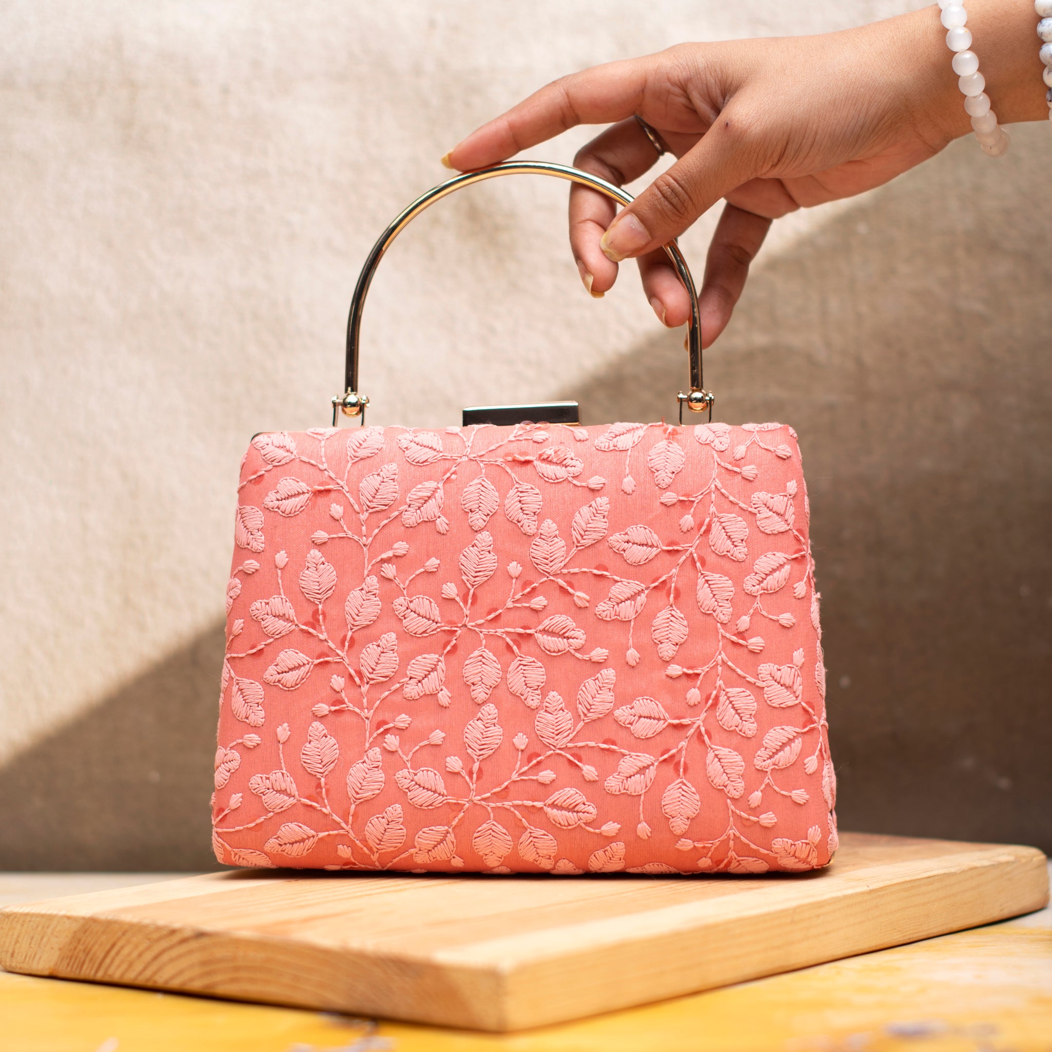 Peach Chikankari Embroidery Clutch