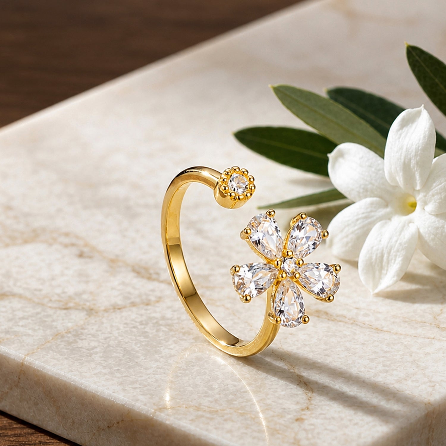 Artklim Gold-Plated Floral Adjustable Crystal Anti-Tarnish Ring